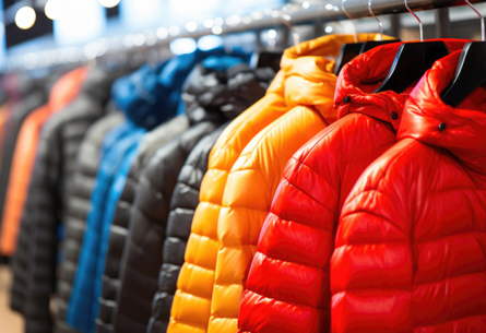 seasonal coats in multiple colors hanging on rack