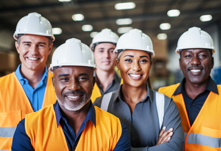 diverse group of warehouse gig workers wearing hardhats