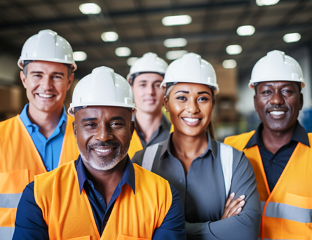 diverse group of warehouse gig workers wearing hardhats
