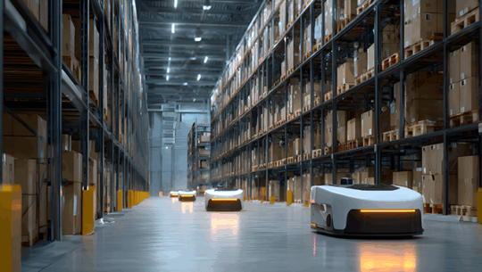 Autonomous mobile robots (AMRs) traveling through warehouse racking