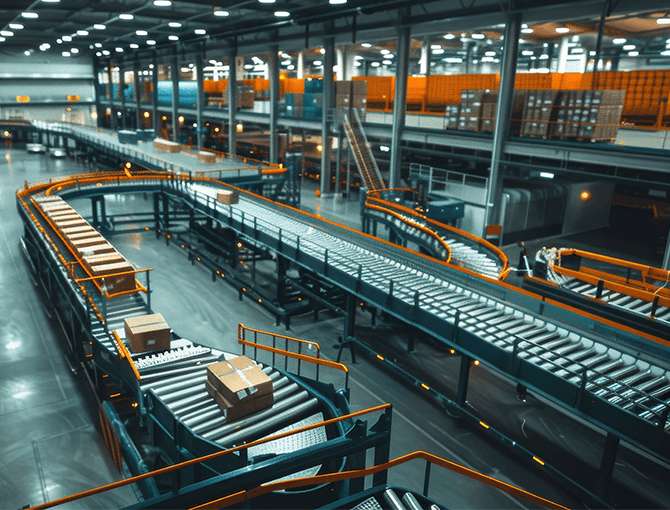 Overhead view of a warehouse with multiple conveyor belts and packages - FORTNA
