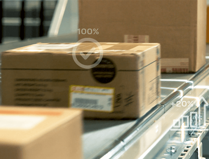 Parcels on conveyor showing productivity statistics - FORTNA
