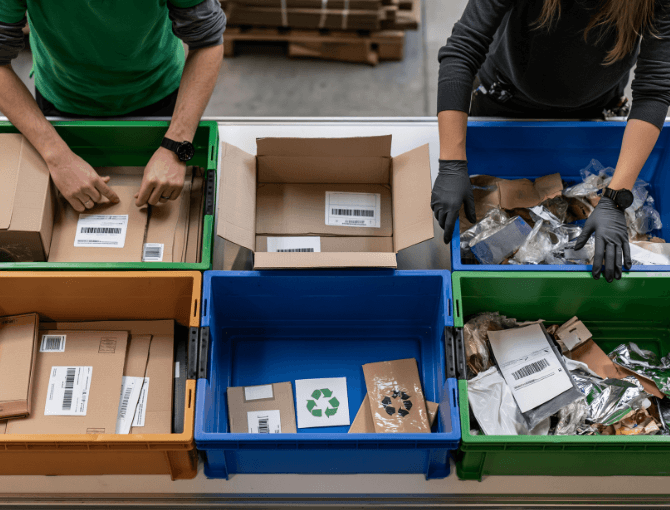 Returns sorted into colored bins for restocking and recycling | FORTNA
