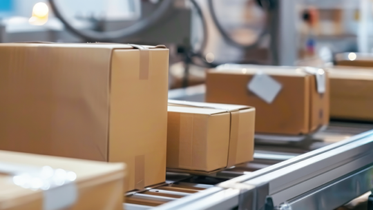 Boxes on a conveyor belt in a warehouse