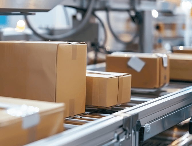 Boxes on a conveyor belt in a warehouse