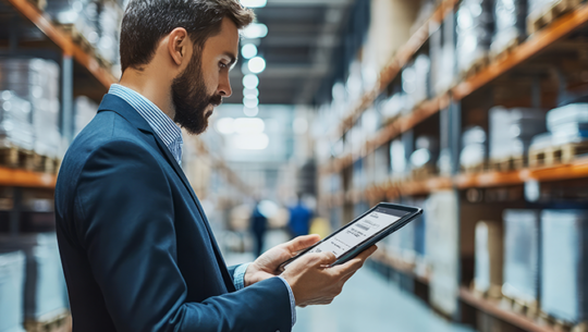 A business professional reviewing supply chain strategies on a tablet while standing in a busy warehouse