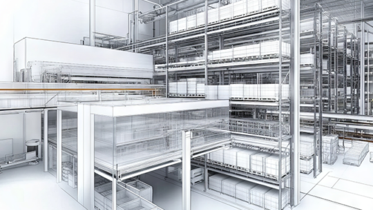 Warehouse cross-section showing multi-level automated storage and retrieval system (AS/RS)