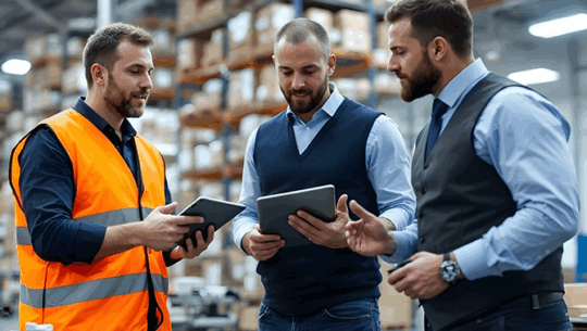 Businessmen using digital tablets to assess warehouse processes and workflows