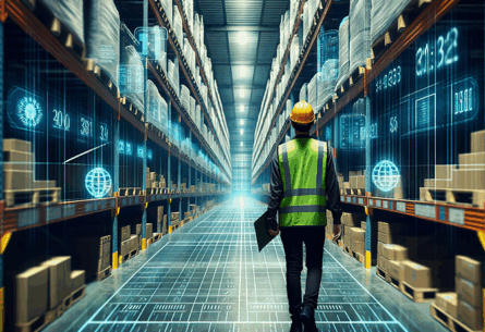A warehouse employee walking down an aisle with digital displays, symbolizing modern logistics and supply chain technology - FORTNA