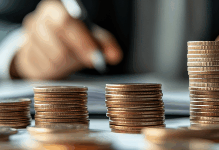 Supply chain leader with financial graphs and coins representing warehouse automation tax incentives - FORTNA