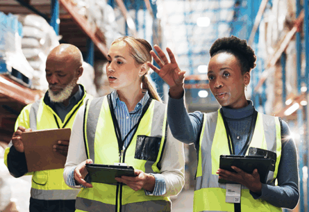 Supply chain team walking warehouse with tablets planning for change management - FORTNA