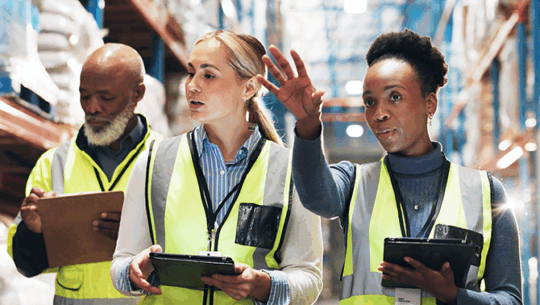 Supply chain team walking warehouse with tablets planning for change management - FORTNA