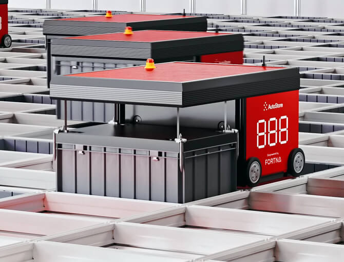 AutoStore R5 robot on grid with FORTNA brand