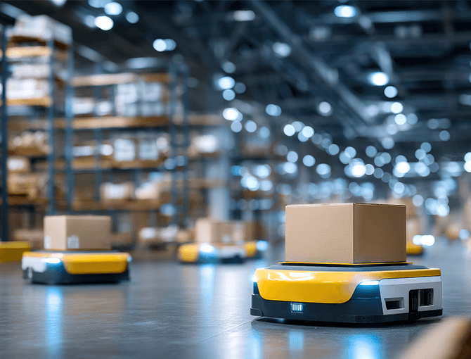 Autonomous mobile robots (AMRs) transporting cardboard boxes in modern automated warehouse - FORTNA