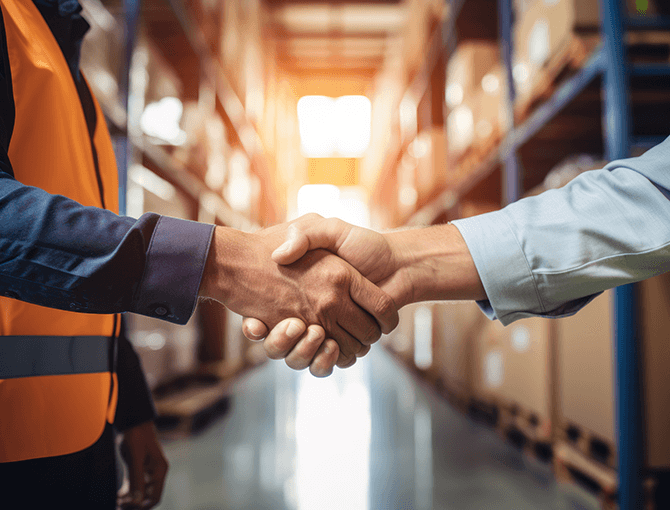 Executives shaking hands in warehouse representing partnership | FORTNA