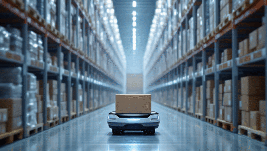 AMR carrying box through third-party logistics warehouse | FORTNA