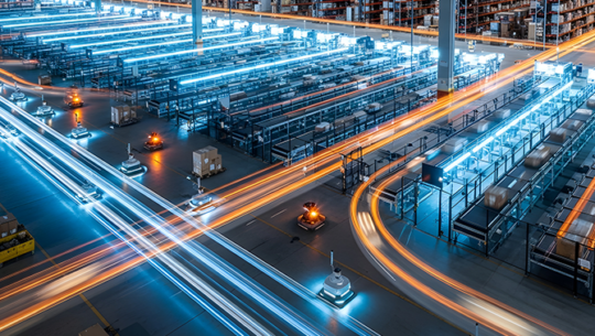 Automated warehouse with conveyor belts and autonomous mobile robots (AMRs) | FORTNA