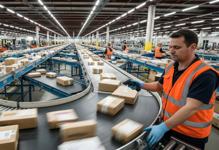 Worker directing packages on conveyor in retail e-commerce fulfillment center | FORTNA