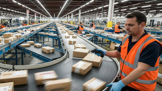 Worker directing packages on conveyor in retail e-commerce fulfillment center | FORTNA