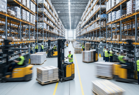 Warehouse operation with numerous workers managing goods, showcasing organized storage and efficient logistics | FORTNA