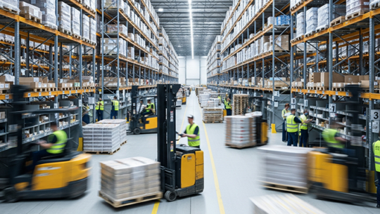 Warehouse operation with numerous workers managing goods, showcasing organized storage and efficient logistics | FORTNA