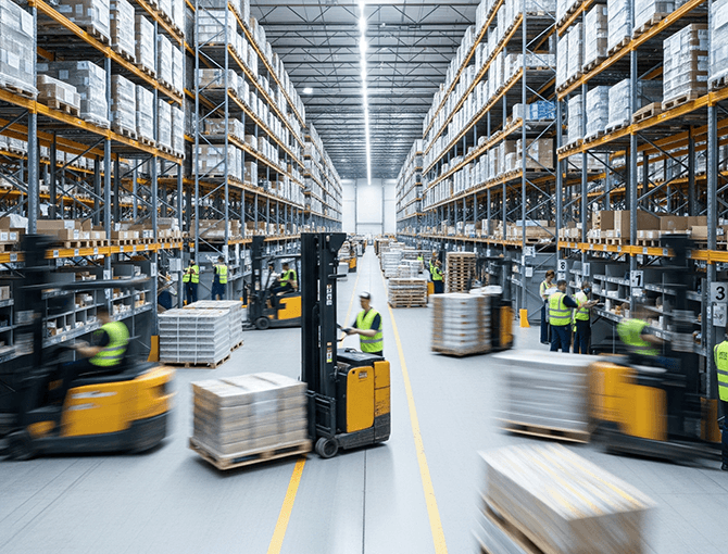 Warehouse operation with numerous workers managing goods, showcasing organized storage and efficient logistics | FORTNA