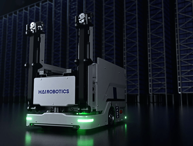 Hai Robotics HaiPick Climb robotic solution with lights in dark warehouse environment