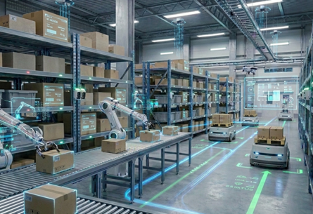 Automated warehouse with robotic picking arms, conveyor belts, and autonomous mobile robots at work | FORTNA