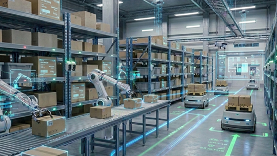 Automated warehouse with robotic picking arms, conveyor belts, and autonomous mobile robots at work | FORTNA