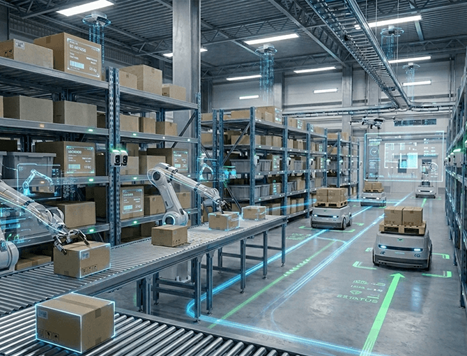 Automated warehouse with robotic picking arms, conveyor belts, and autonomous mobile robots at work | FORTNA