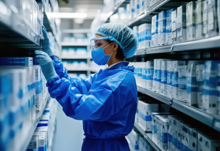 Healthcare worker organizing supplies in sterile storage facility; safety in medical logistics | FORTNA