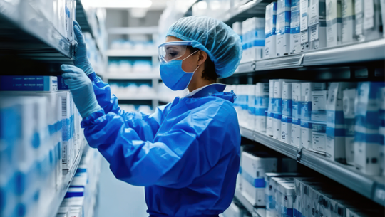 Healthcare worker organizing supplies in sterile storage facility; safety in medical logistics | FORTNA