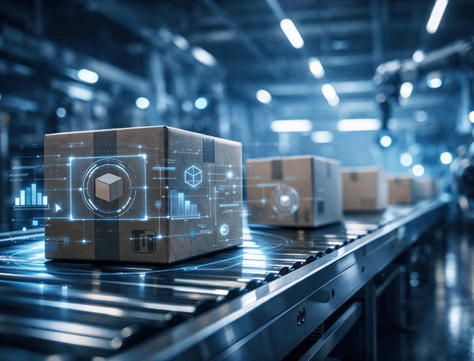 Boxes on conveyor with intelligent software and data graphic overlay | FORTNA